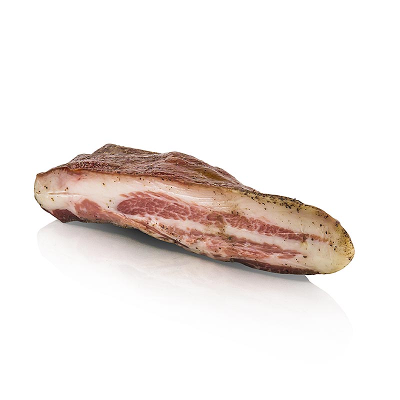 Guanciale – Schweinebacke mit Pfeffer - Speck ca. 70% Fettanteil(ca. 0,30kg; vakuumiert), Montalcino Salumi