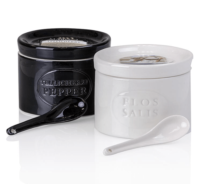 Keramikset, Salzgefäß, Flos Salis® 100g + Pfeffergefäß, Tellicherry 70g + Löffel, 1 St