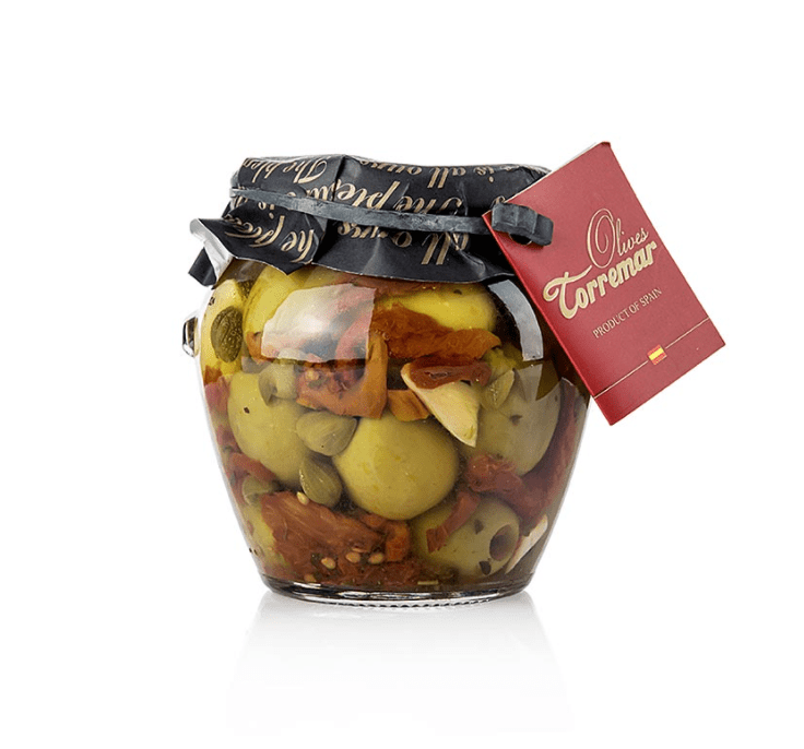 Grüne Oliven, ohne Kern, Gordal, mit Tomate/Kapern, Torremar S.L., 580 g